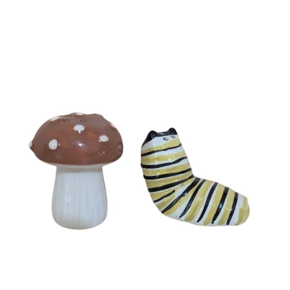 Mushroom and Caterpillar Ceramic Salt and Pepper Shaker Set Garden Whimsical